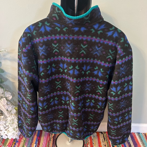 90s LL Bean Fleece Jacket Pullover Neon Snowflake Vintage MADE IN USA Large - Picture 5 of 6